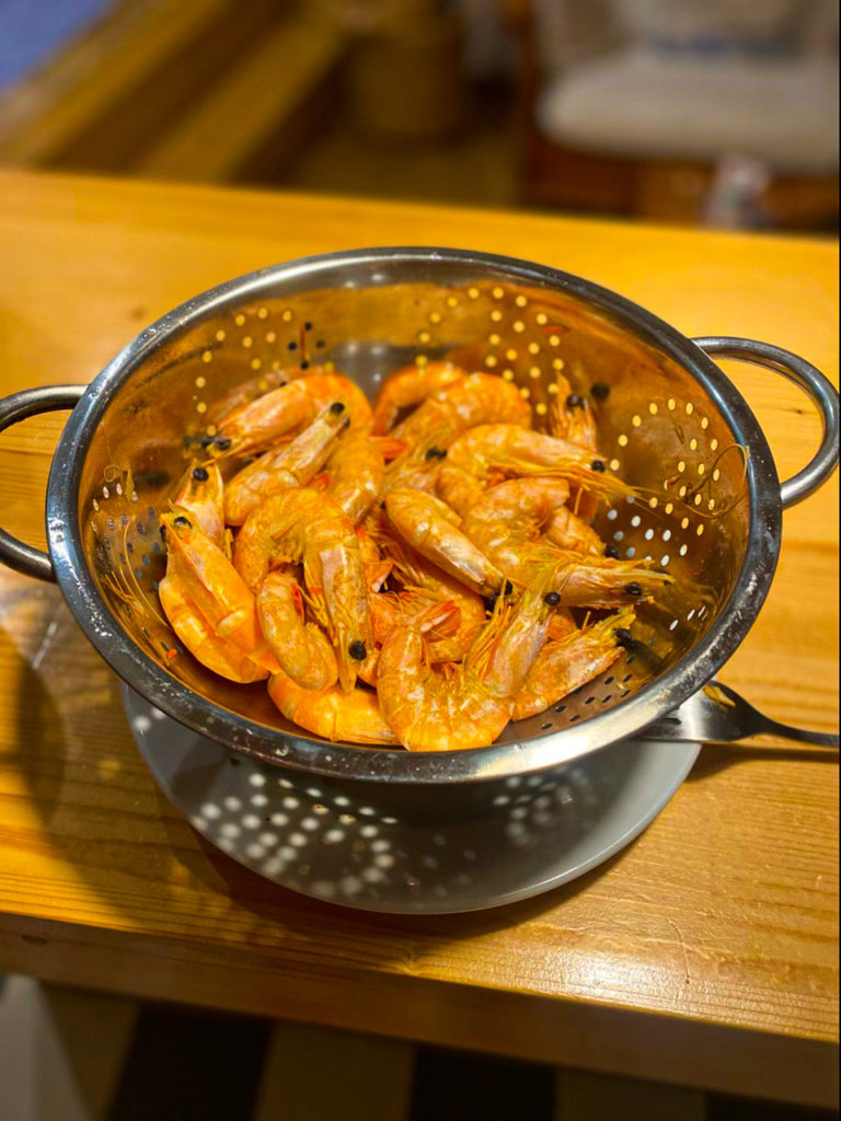 A bowl of prawns that were bought at the local grocery store in Portugal.