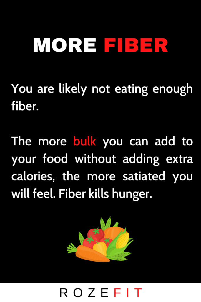 A picture of large text that reads 'more fiber' and an explanation of why eating more fiber is important dealing with hunger while dieting.