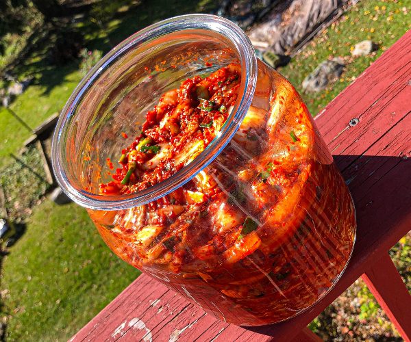 Quick and easy bright red kimchi in a jar