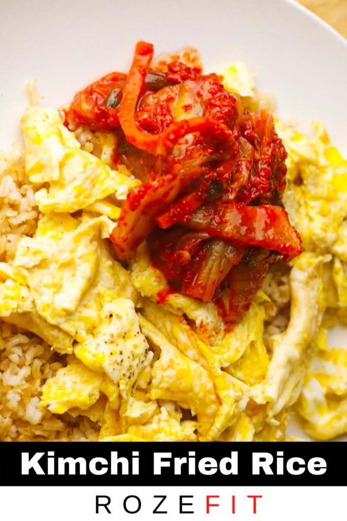 A picture of weekday recipe #1 : Kimchi Fried Rice which includes fried brown rice, a layer of eggs, and a dollop of kimchi