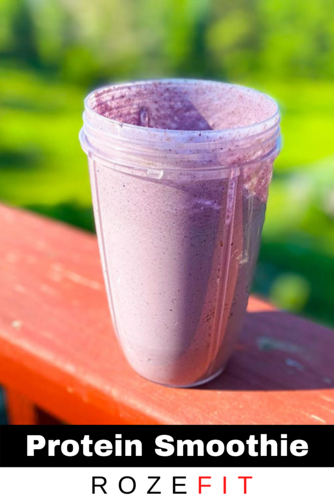 A picture of weekday recipe #3, Berry Packed Protein Smoothie. The color of the protein smoothie is bright purple.