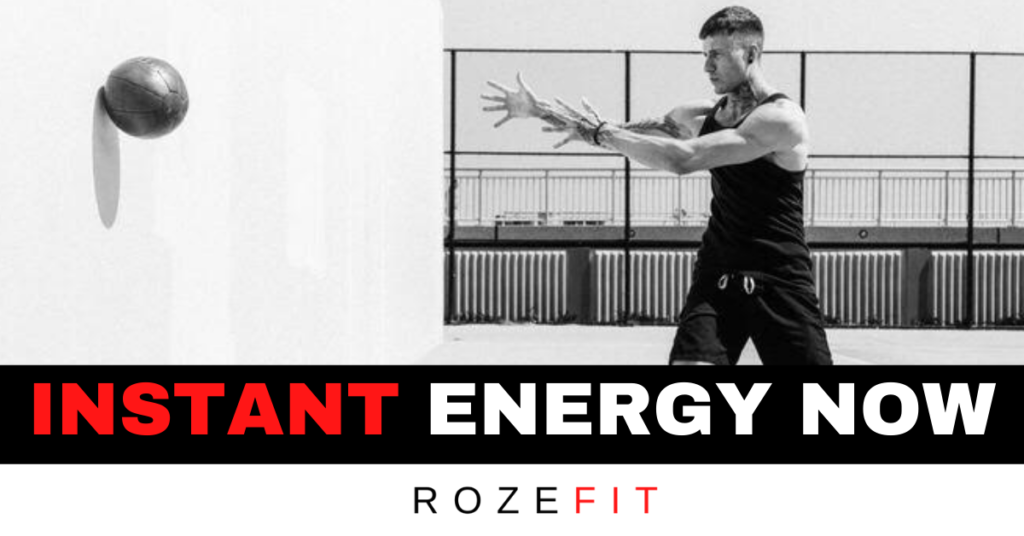 Text that reads "instant energy now" and a picture of personal trainer Jakob Roze throwing a ball against a wall