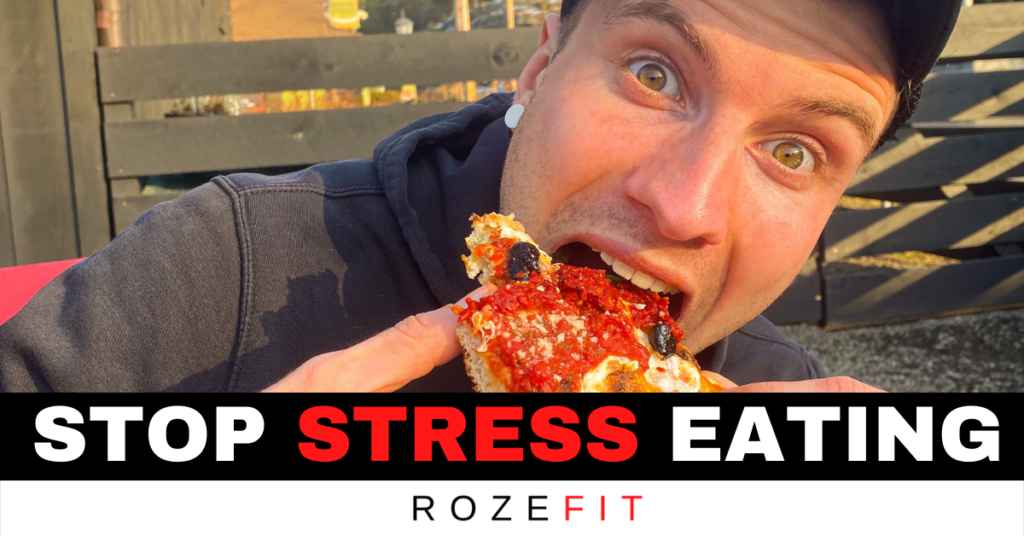 A picture of personal trainer Jakob Roze stress eating a big piece of pizza and text that reads "stop stress eating" underneath the photo.