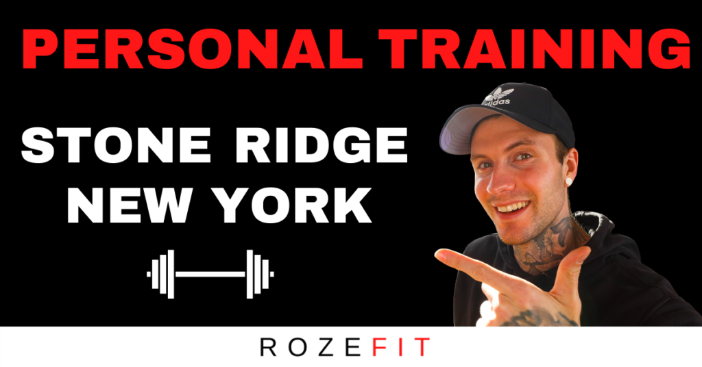 A picture of personal trainer Jakob Roze pointing to text that reads "personal training stone ridge new york"