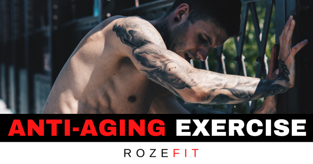 A picture of personal trainer Jakob Roze exercising for anti aging purposes. There is text below that reads "anti aging exercise"