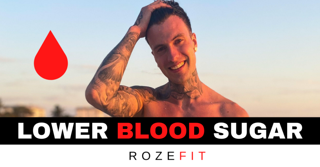 text that reads "lower blood sugar" and a picture of Jakob Roze and a cartoon blood drop.
