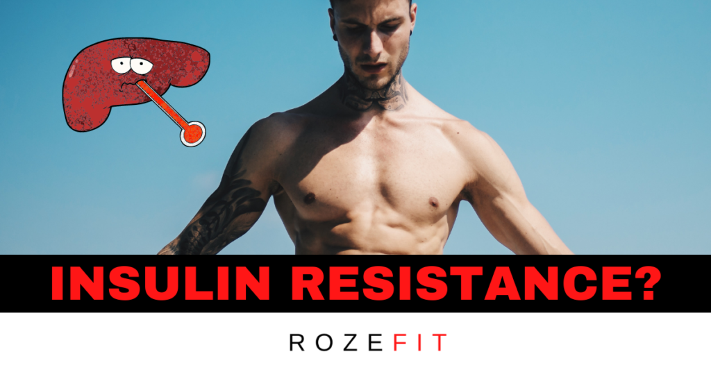Text that reads "insulin resistance?" and a picture of Jakob Roze with his shirt off looking down at the text under blue sky