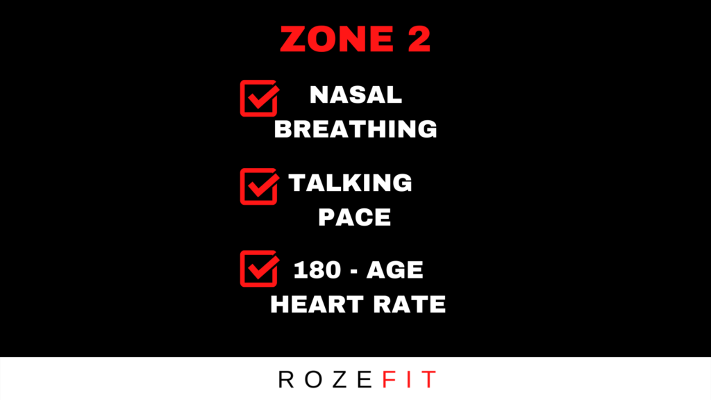 How to gauge your zone 2 intensity in text with a check list. Nasal breathing, talking Pace, 180 - age heart rate.
