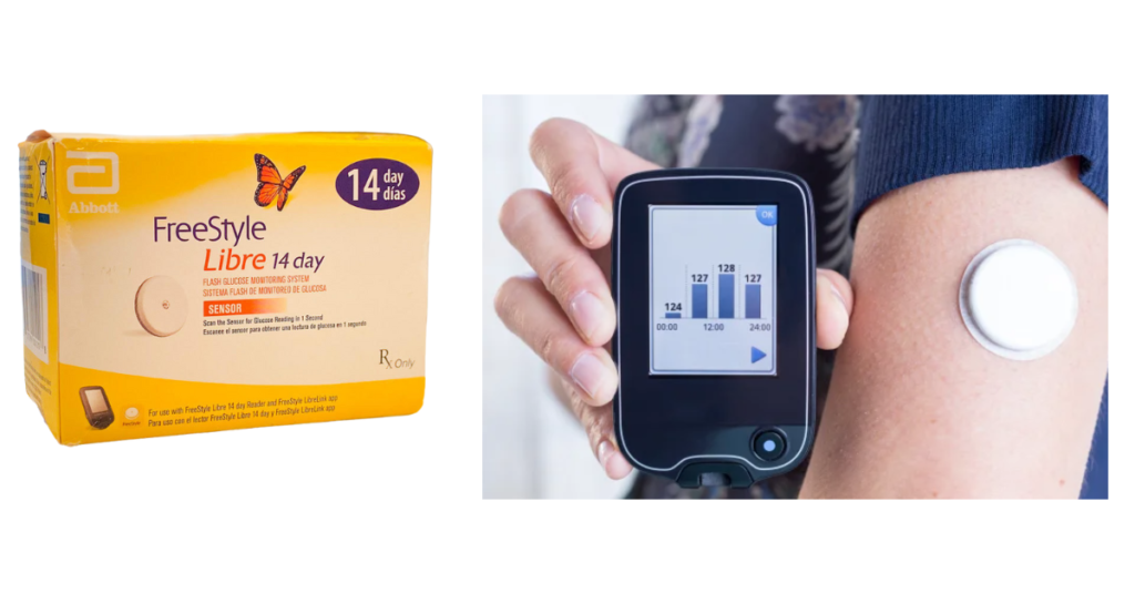 A Freestyle Libre constant glucose monitor and a picture of someone with the glucose sensor on their arm 