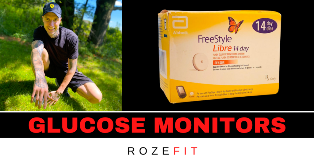 A box containing a constant glucose monitor and a picture of Jakob Roze kneeling next to text that reads "glucose monitors"
