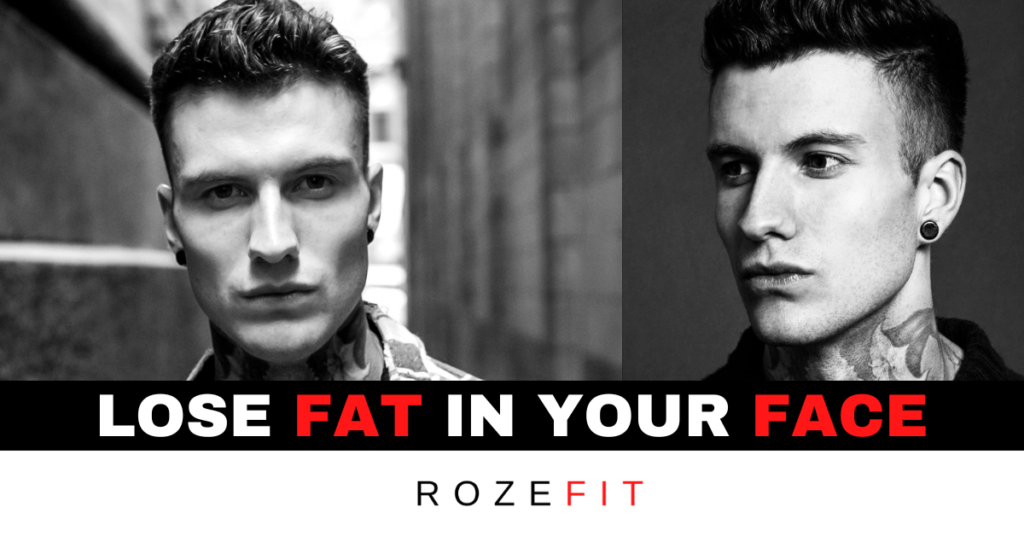 Two photos of model Jakob Roze showing his chiseled face shape with text that reads "lose fat in your face"
