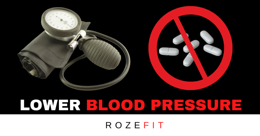 Text that reads "lower blood pressure" with a blood pressure cuff monitor and a handful of pill with a no symbol