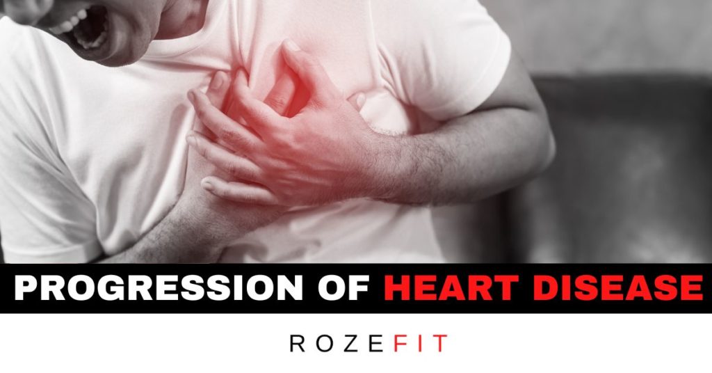 Progression of heart disease in text and a picture of a man holding his chest screaming.
