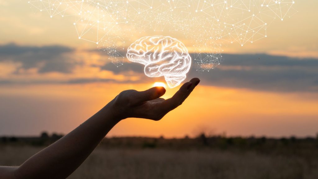 A graphic of a brain with someone cupping the brain in their hand under a sunset. 