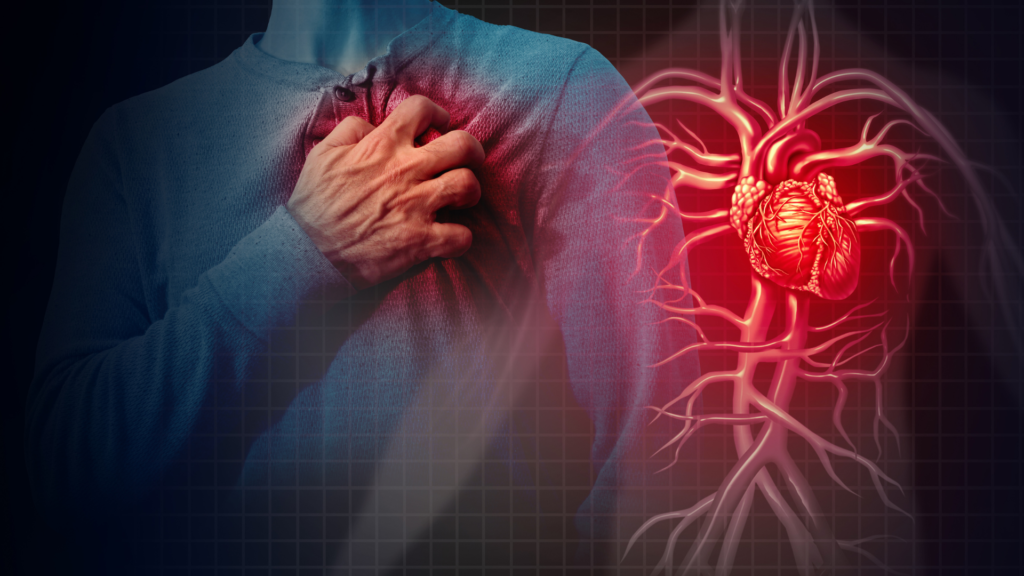 A graphic of a man holding his chest with another graphic of the cardiovascular system displayed next to him.