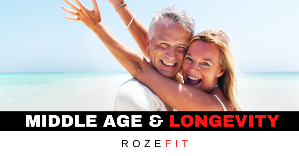 Two middle-aged adults smiling and hugging on the beach with text underneath that reads "middle age & longevity"