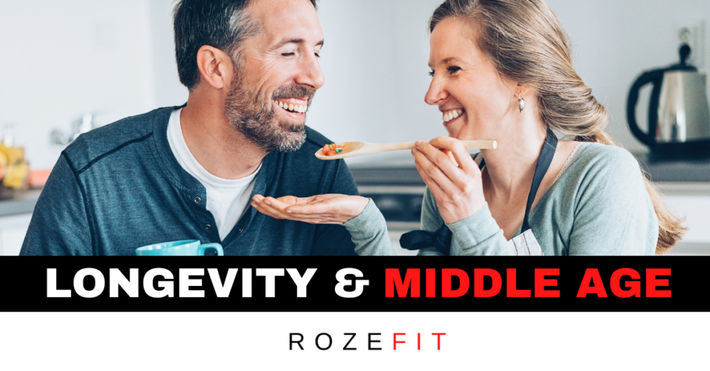 Two middle-aged adults smiling and looking at each other with text below that reads "Longevity & Middle Age"