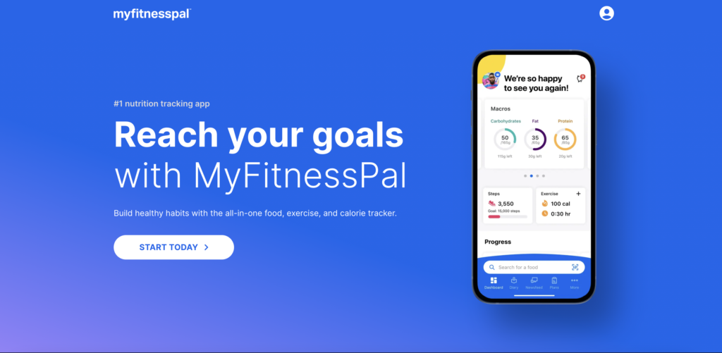 A myfitnesspal ad with a phone showing the app opened and text that reads "reach your goals with myfitnesspal".